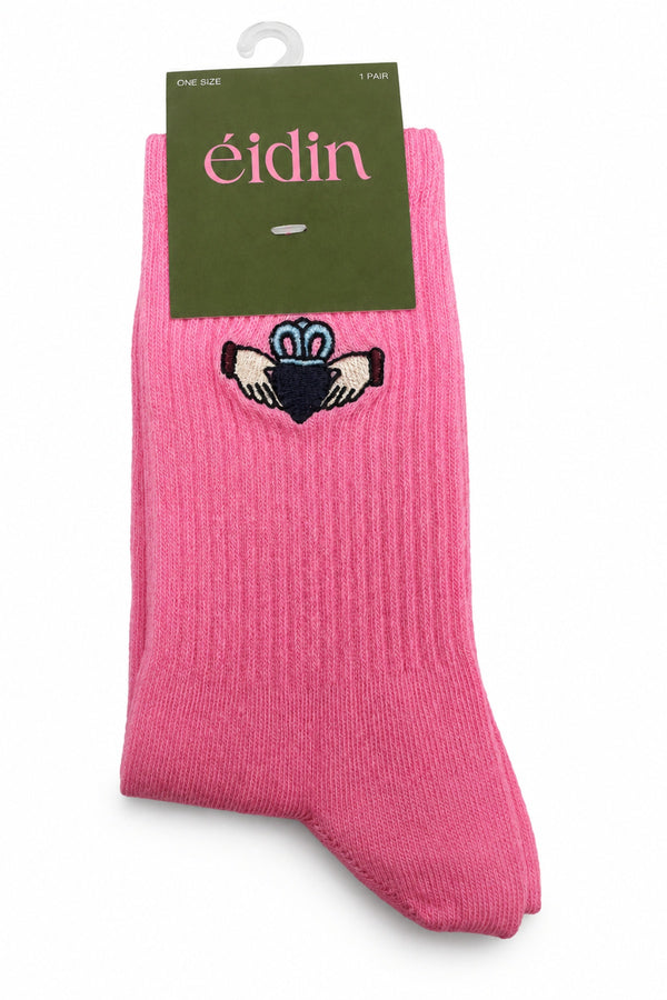Pink Cotton Blend Claddagh Embroidered Socks