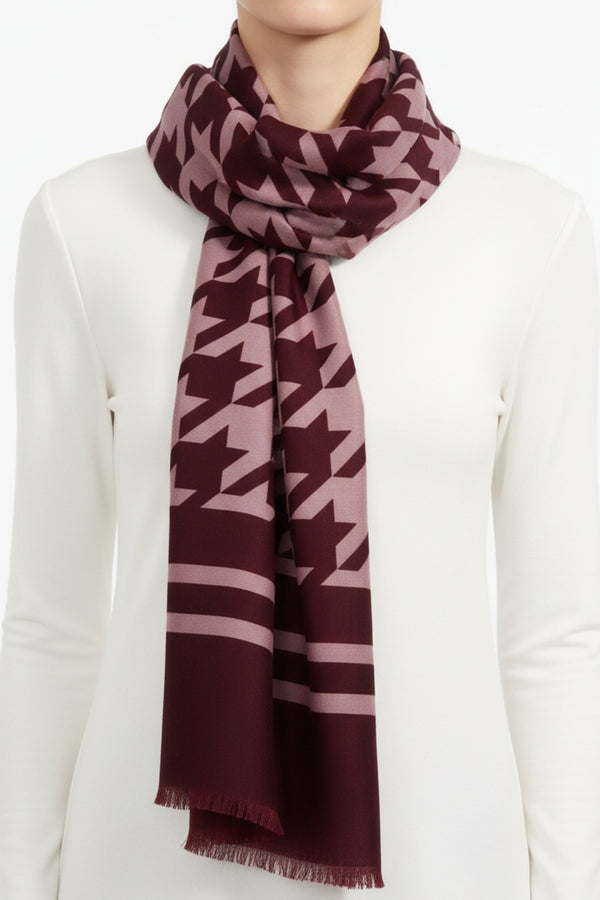 Burgundy & Pink Houndstooth Print Viscose Scarf