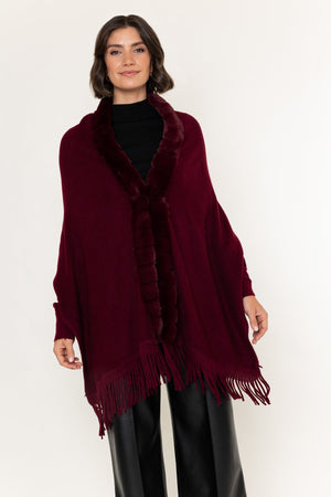Carraig Donn Burgundy Knitted Faux Fur Trim Cape