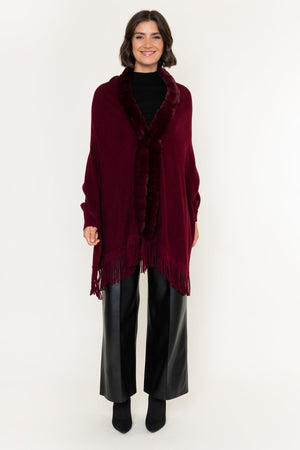 Carraig Donn Burgundy Knitted Faux Fur Trim Cape
