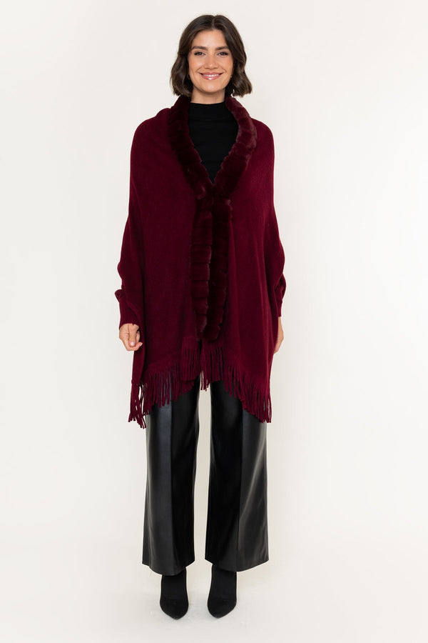 Carraig Donn Burgundy Knitted Faux Fur Trim Cape