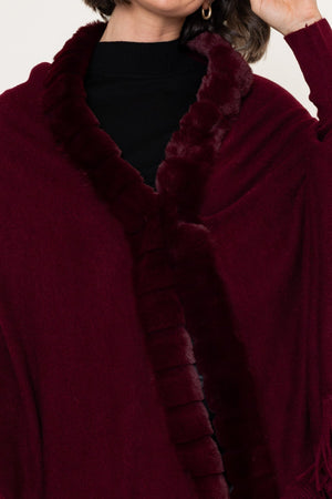 Carraig Donn Burgundy Knitted Faux Fur Trim Cape