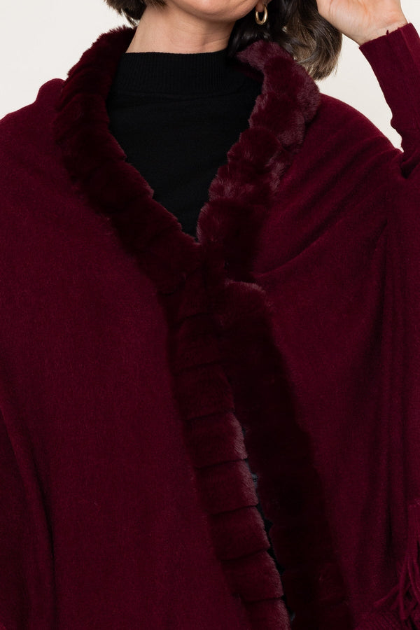 Carraig Donn Burgundy Knitted Faux Fur Trim Cape