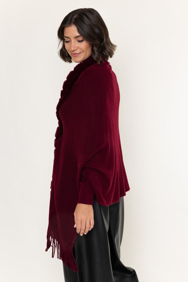 Carraig Donn Burgundy Knitted Faux Fur Trim Cape
