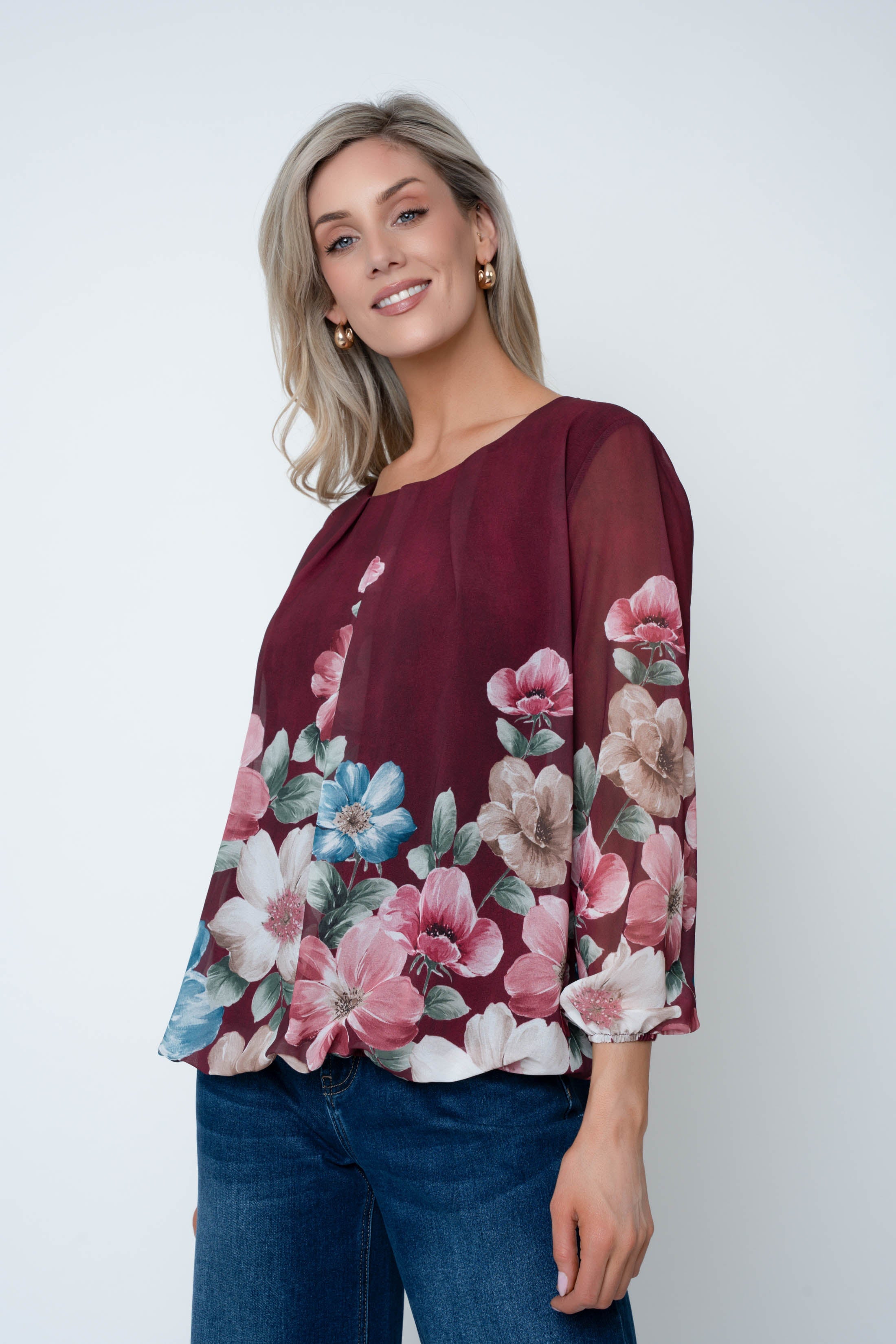 Burgundy Long Sleeve Printed Blouse