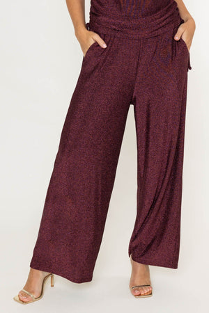 Carraig Donn Burgundy Lurex Jersey Pockets Wide Leg Pants