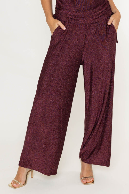 Carraig Donn Burgundy Lurex Jersey Pockets Wide Leg Pants