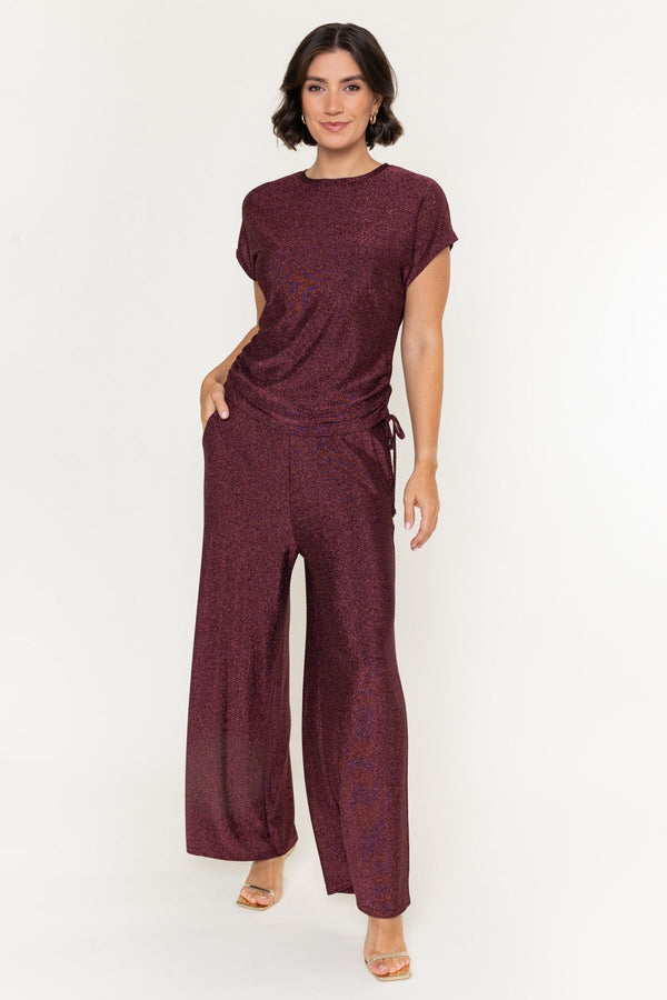 Carraig Donn Burgundy Lurex Jersey Pockets Wide Leg Pants