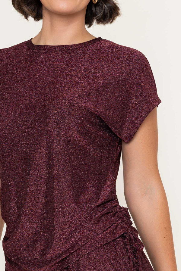 Carraig Donn Burgundy Lurex Jersey Ruched Sides Short Sleeve Top