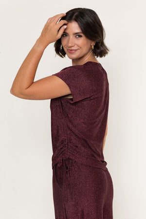 Carraig Donn Burgundy Lurex Jersey Ruched Sides Short Sleeve Top
