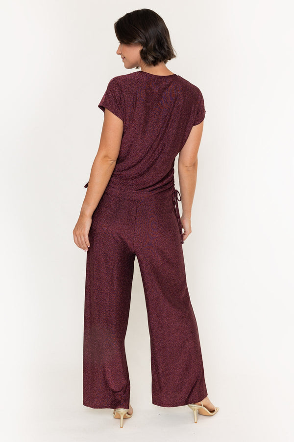 Carraig Donn Burgundy Lurex Jersey Ruched Sides Short Sleeve Top