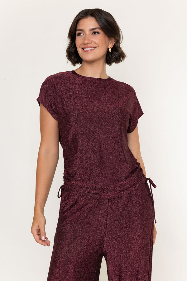 Carraig Donn Burgundy Lurex Jersey Ruched Sides Short Sleeve Top