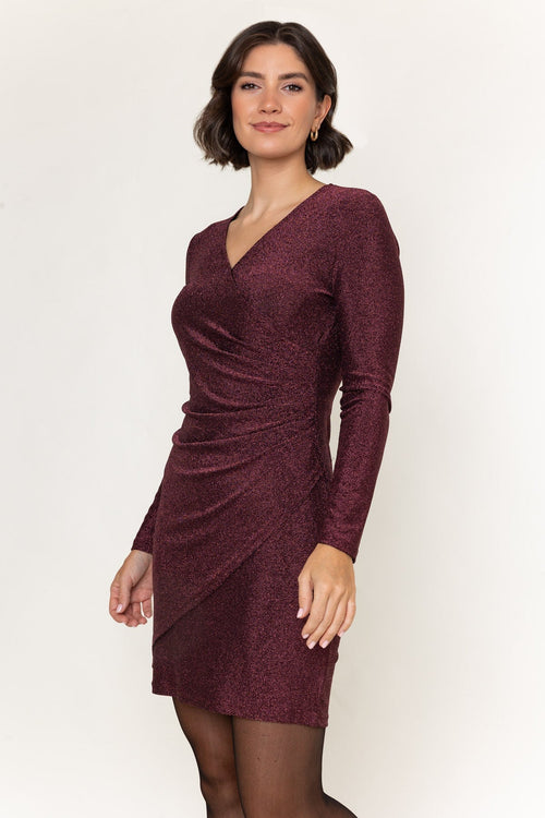 Burgundy Lurex Jersey Ruched Wrap Long Sleeve Mini Dress