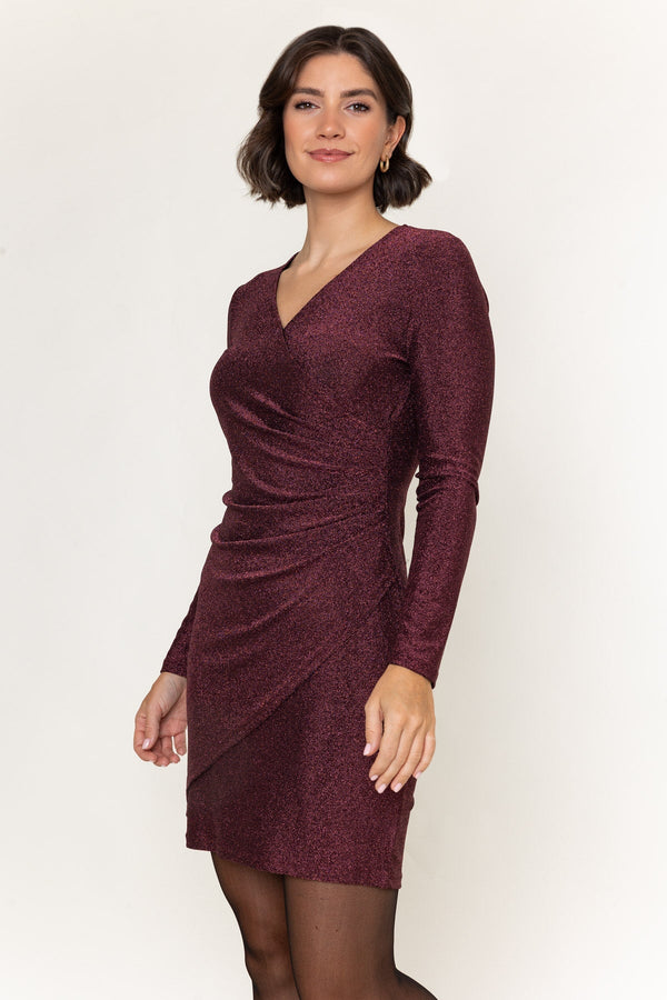 Carraig Donn Burgundy Lurex Jersey Ruched Wrap Long Sleeve Mini Dress