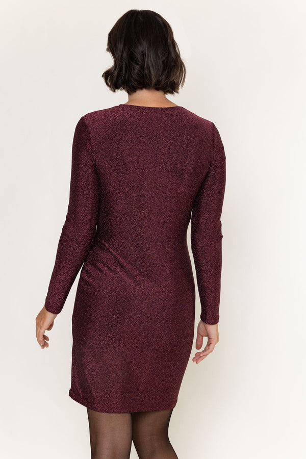 Carraig Donn Burgundy Lurex Jersey Ruched Wrap Long Sleeve Mini Dress