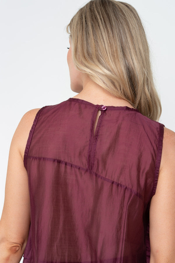 Carraig Donn Burgundy Lyocell Blend Tiered Round Neck Sleeveless Top