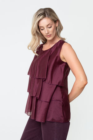 Carraig Donn Burgundy Lyocell Blend Tiered Round Neck Sleeveless Top