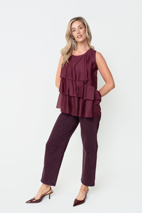 Carraig Donn Burgundy Lyocell Blend Tiered Round Neck Sleeveless Top