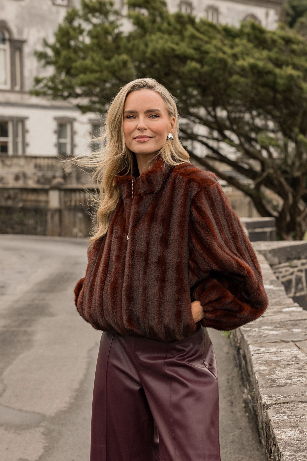 Burgundy Ombre Faux Fur Zip Short Jacket
