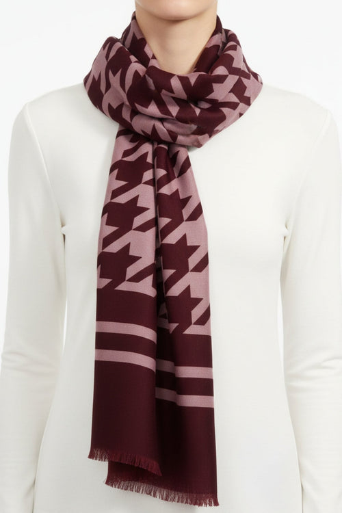 Burgundy & Pink Houndstooth Print Viscose Scarf