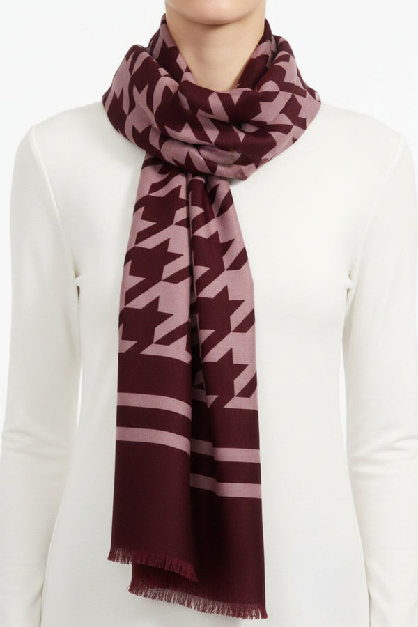 Carraig Donn Burgundy & Pink Houndstooth Print Viscose Scarf
