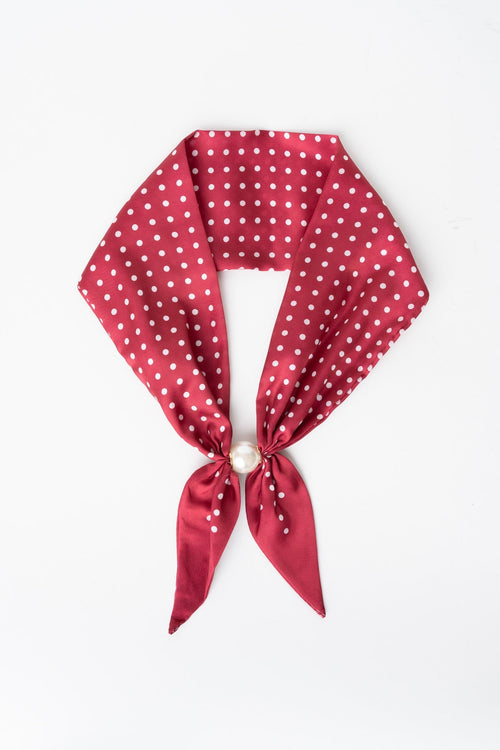 Burgundy Polka Dot Satin Pearl Clasp Neckerchief Scarf