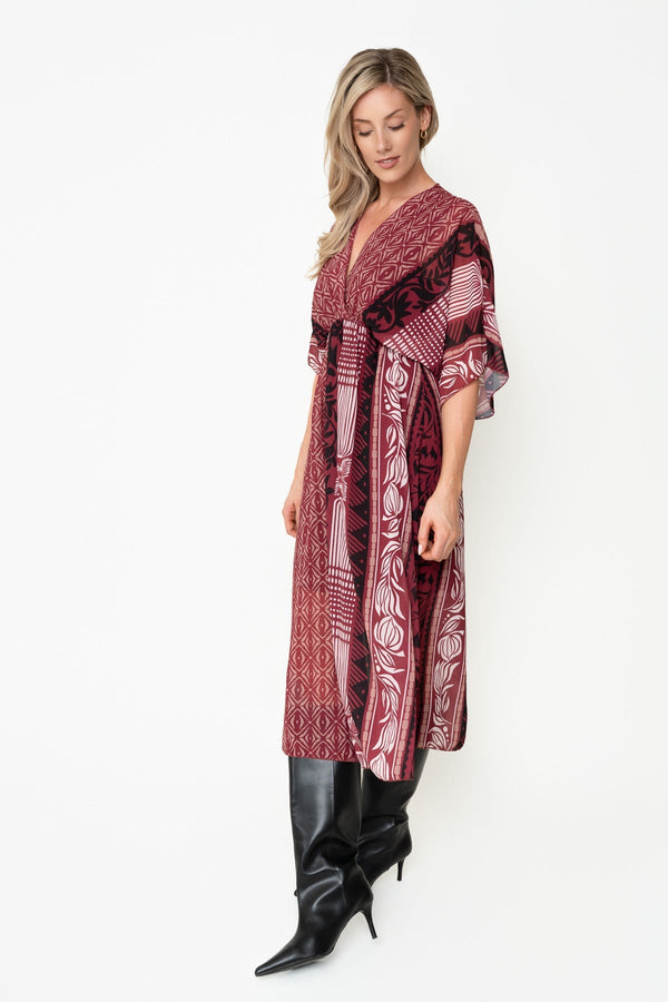 Carraig Donn Burgundy Print A-Line Empire Waist 3/4 Length Sleeve Midi Dress