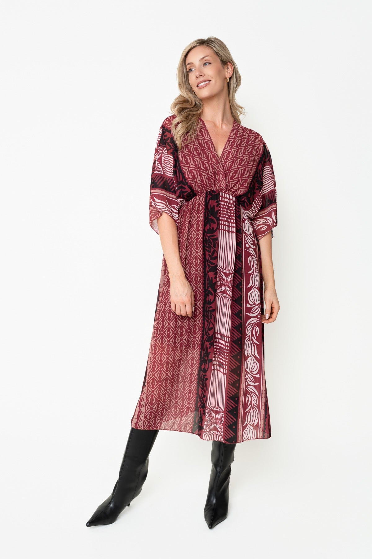 Burgundy Print A-Line Empire Waist 3/4 Length Sleeve Midi Dress