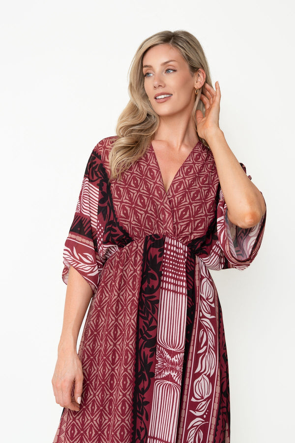Carraig Donn Burgundy Print A-Line Empire Waist 3/4 Length Sleeve Midi Dress
