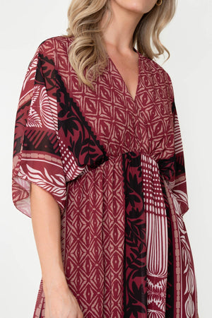 Carraig Donn Burgundy Print A-Line Empire Waist 3/4 Length Sleeve Midi Dress