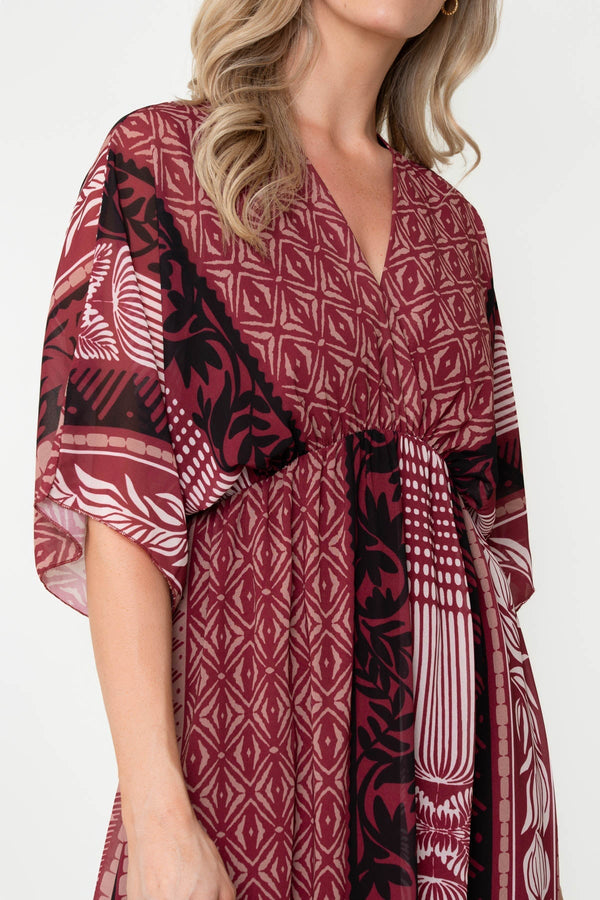 Carraig Donn Burgundy Print A-Line Empire Waist 3/4 Length Sleeve Midi Dress