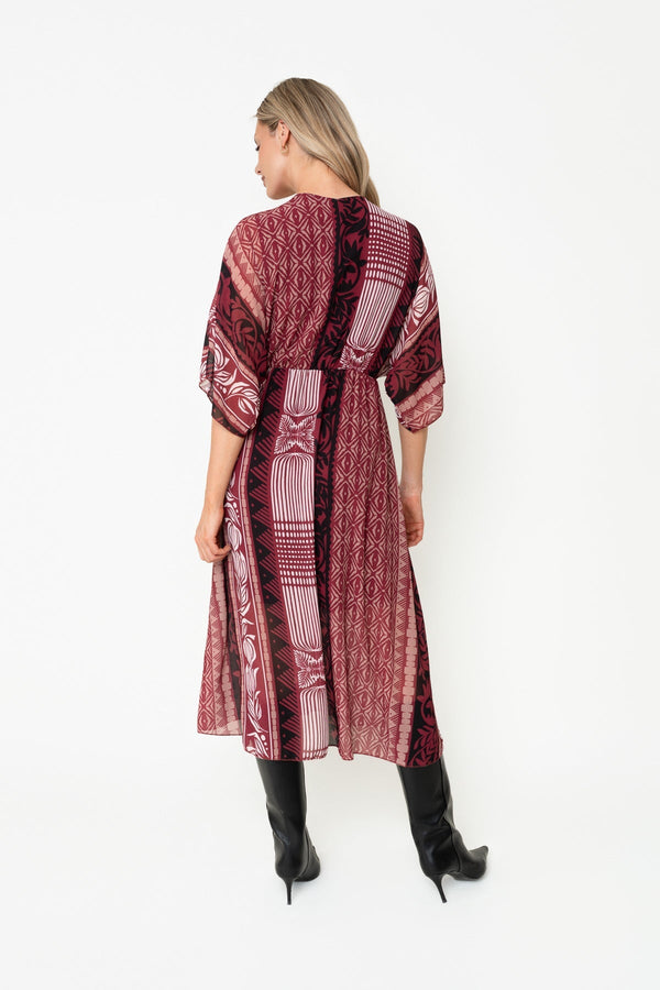 Carraig Donn Burgundy Print A-Line Empire Waist 3/4 Length Sleeve Midi Dress
