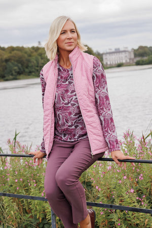 Carraig Donn Burgundy Print Button Cowl Neck Long Sleeve Top
