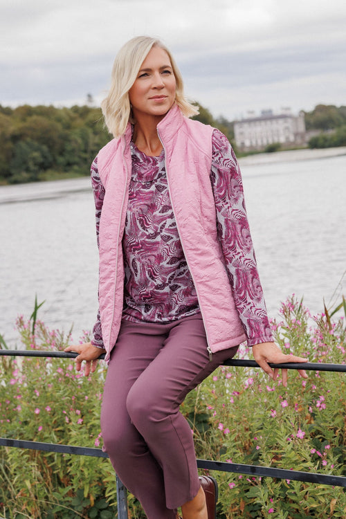 Carraig Donn Burgundy Print Button Cowl Neck Long Sleeve Top