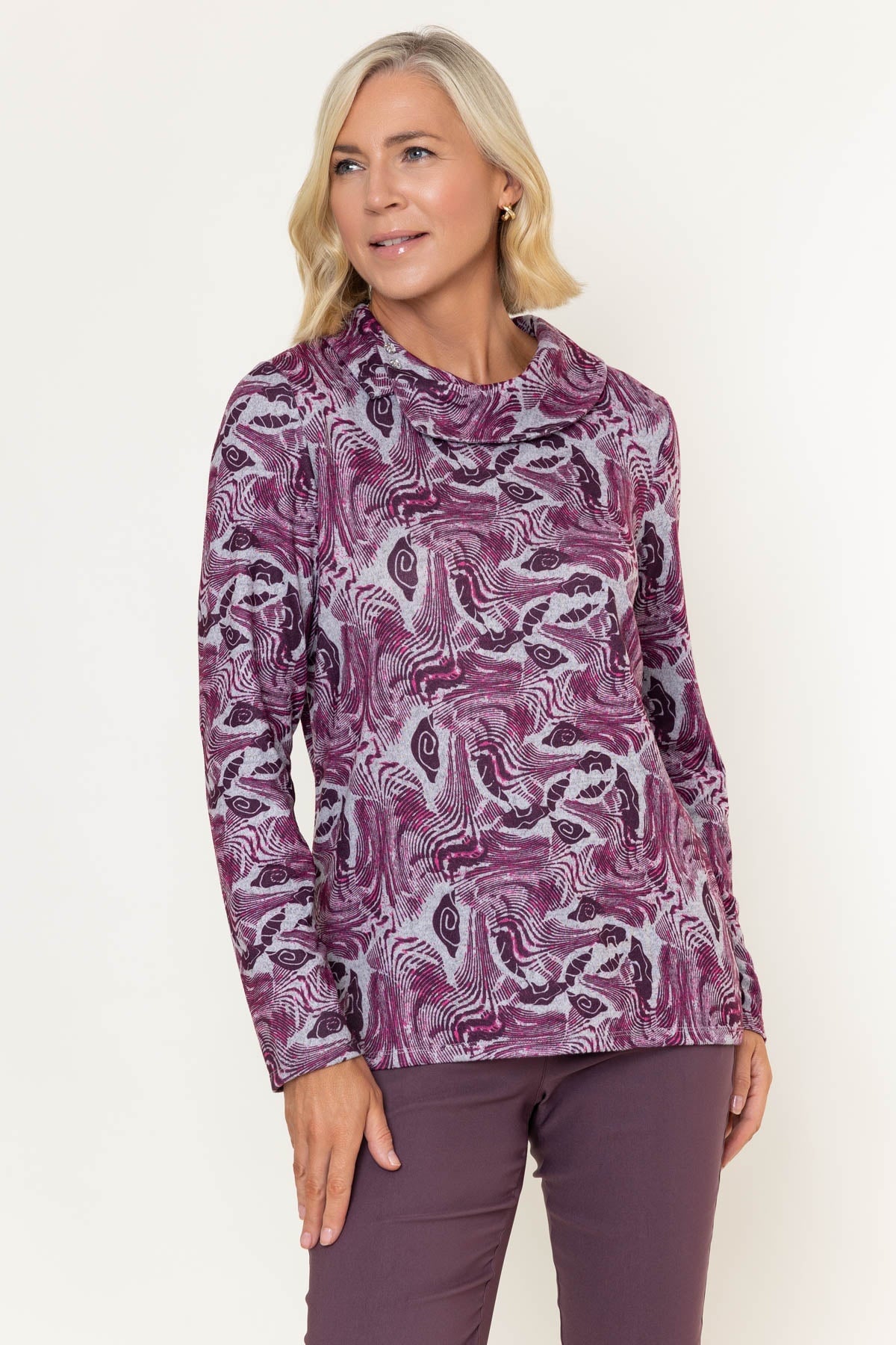 Burgundy Print Button Cowl Neck Long Sleeve Top