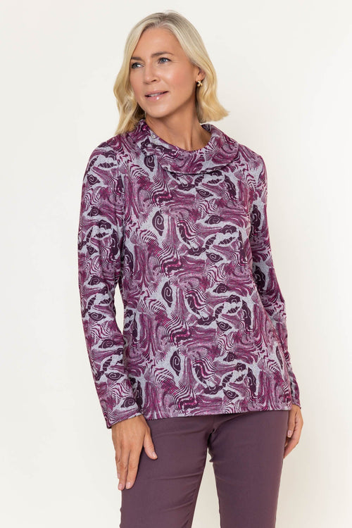 Burgundy Print Button Cowl Neck Long Sleeve Top