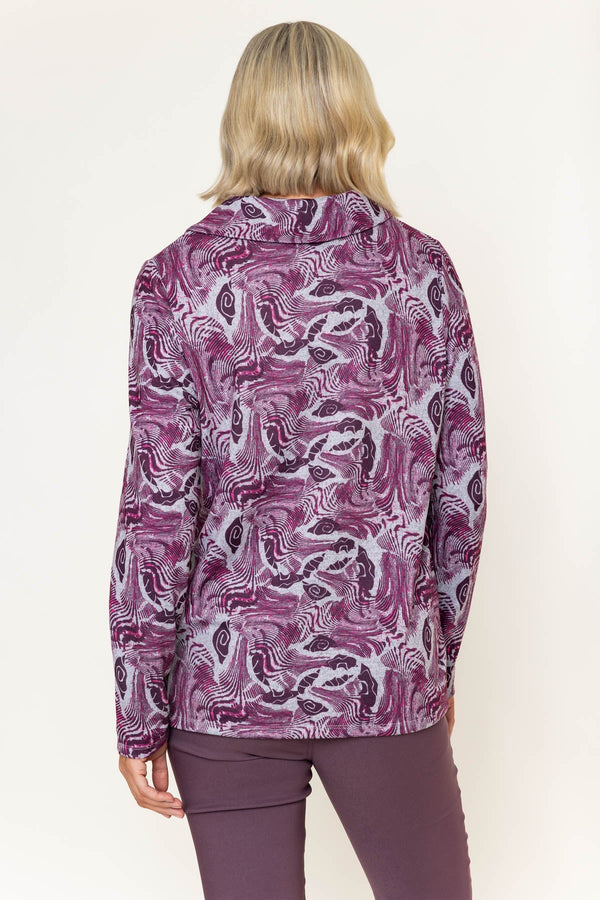 Carraig Donn Burgundy Print Button Cowl Neck Long Sleeve Top