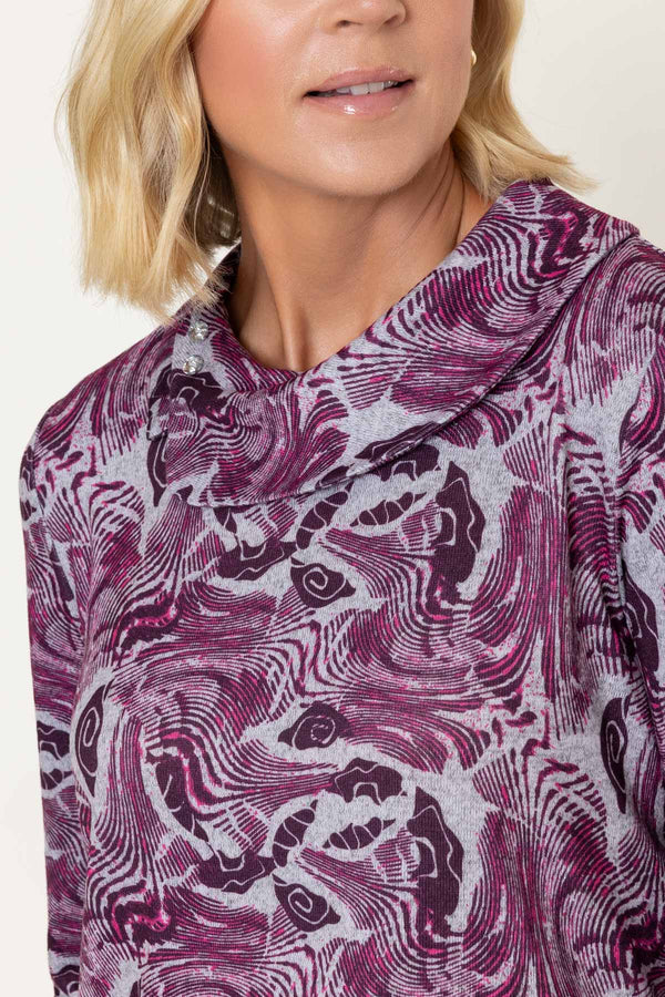 Carraig Donn Burgundy Print Button Cowl Neck Long Sleeve Top