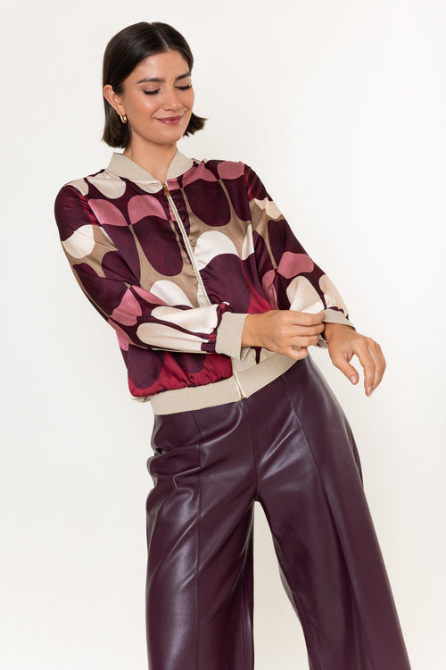 Burgundy Print Sateen Lurex Trim Long Sleeve Bomber Jacket