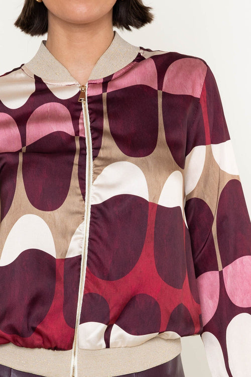 Carraig Donn Burgundy Print Sateen Lurex Trim Long Sleeve Bomber Jacket