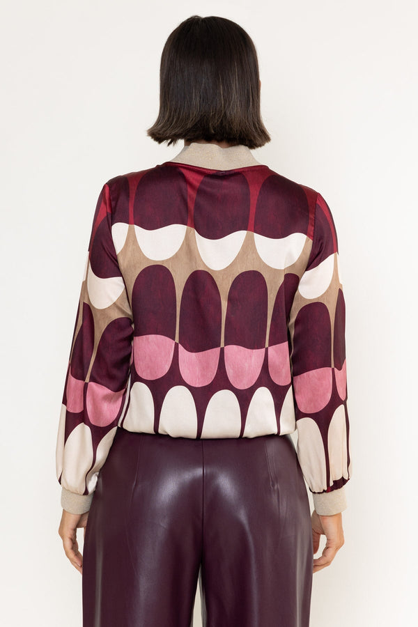 Carraig Donn Burgundy Print Sateen Lurex Trim Long Sleeve Bomber Jacket