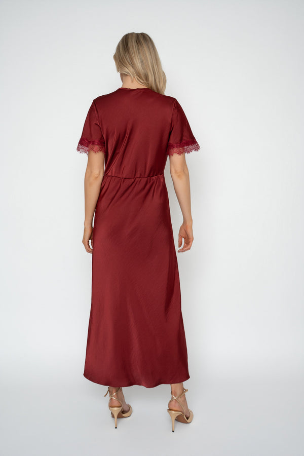 Carraig Donn Burgundy Sateen Lace Trim Empire Dress