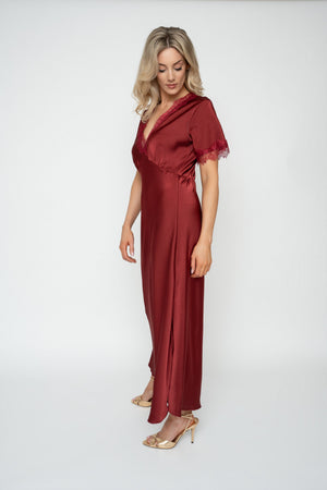 Carraig Donn Burgundy Sateen Lace Trim Empire Dress
