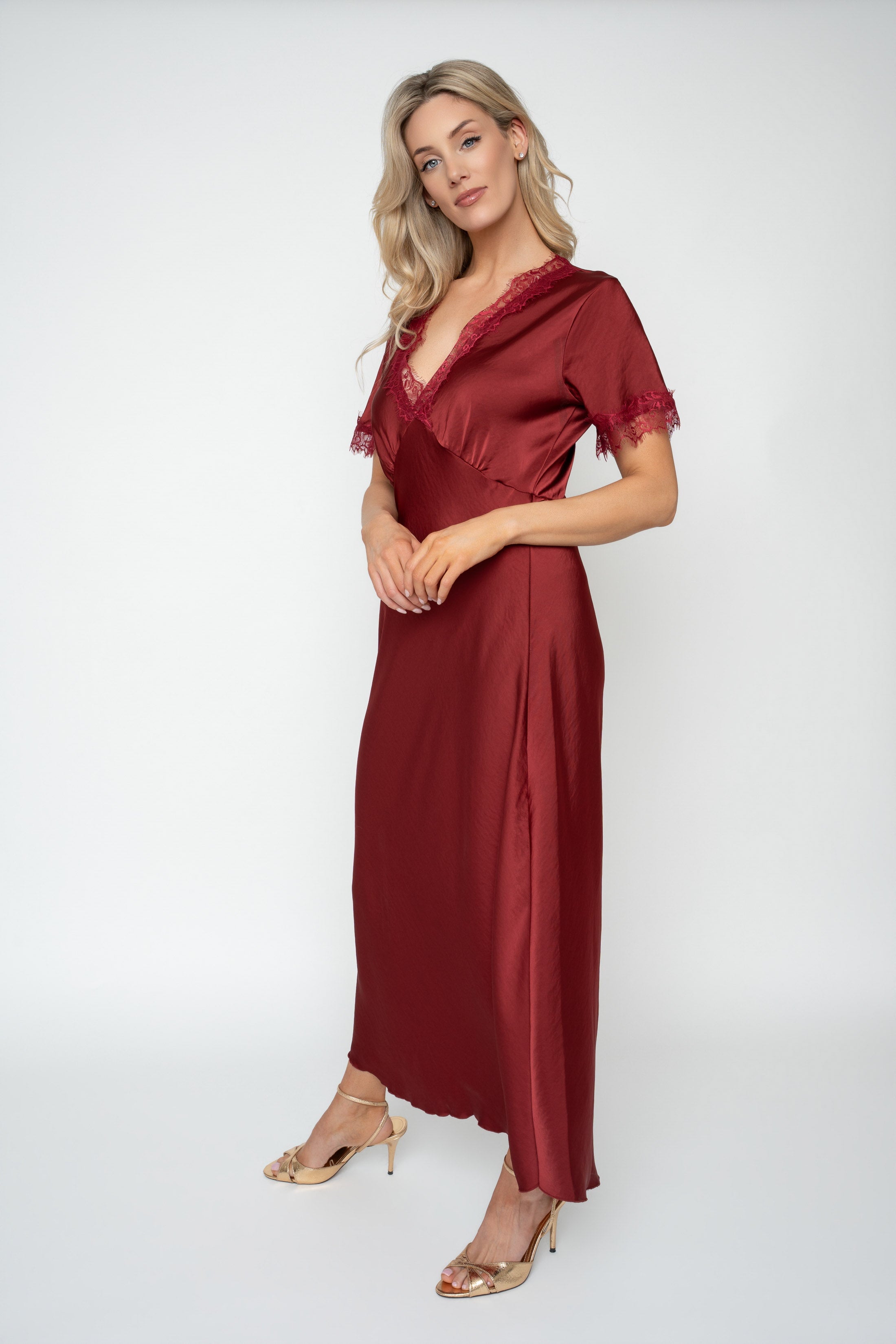 Burgundy Sateen Lace Trim Empire A-Line Midi Dress