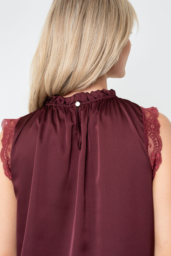 Carraig Donn Burgundy Sateen Lace Trim High Neck Sleeveless Top