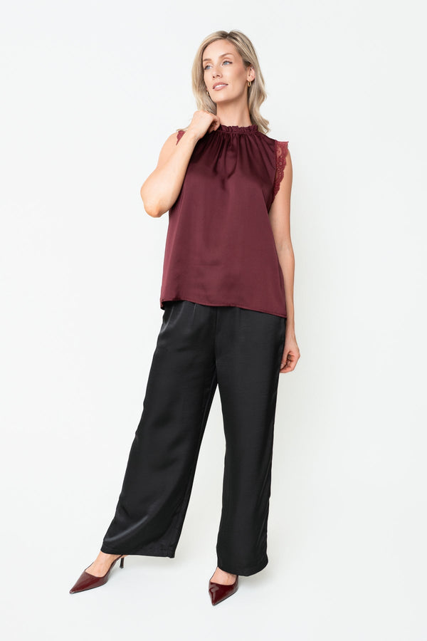 Carraig Donn Burgundy Sateen Lace Trim High Neck Sleeveless Top