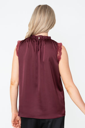 Carraig Donn Burgundy Sateen Lace Trim High Neck Sleeveless Top