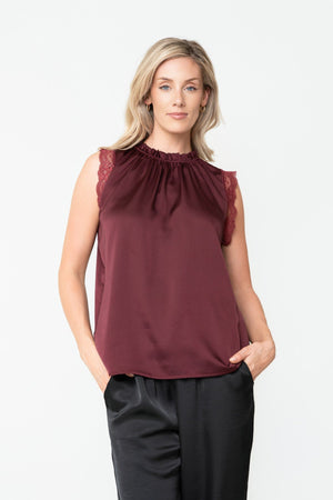 Carraig Donn Burgundy Sateen Lace Trim High Neck Sleeveless Top