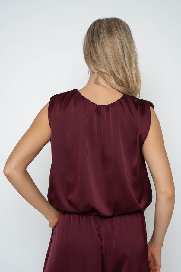 Carraig Donn Burgundy Sateen Sleeveless Blouson Top
