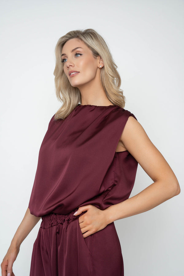 Carraig Donn Burgundy Sateen Sleeveless Blouson Top